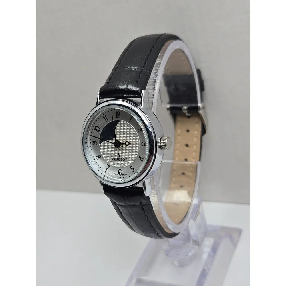 Peugeot Womens Sun Moon Phase Silver Tone Leather Watch Retro Dress New Battery